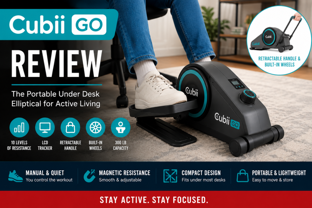 Cubii GO Review featuring portable under desk elliptical with retractable handle and wheels