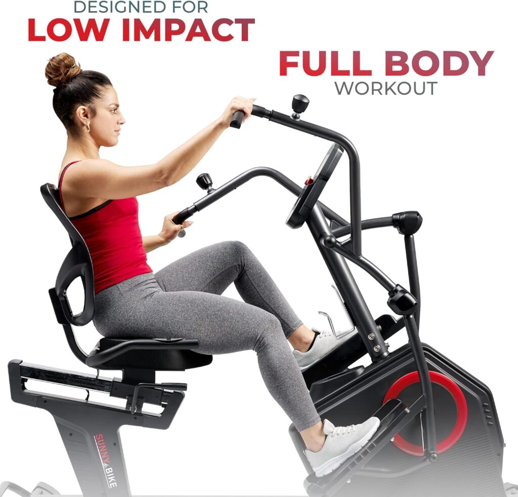 Sunny Health  Fitness Electromagnetic Recumbent Cross Trainer Exercise Elliptical Bike w/Arm Exercisers, Easy Access Seat  Exclusive SunnyFit® App Enhanced Bluetooth Connectivity - SF-RBE4886SMART