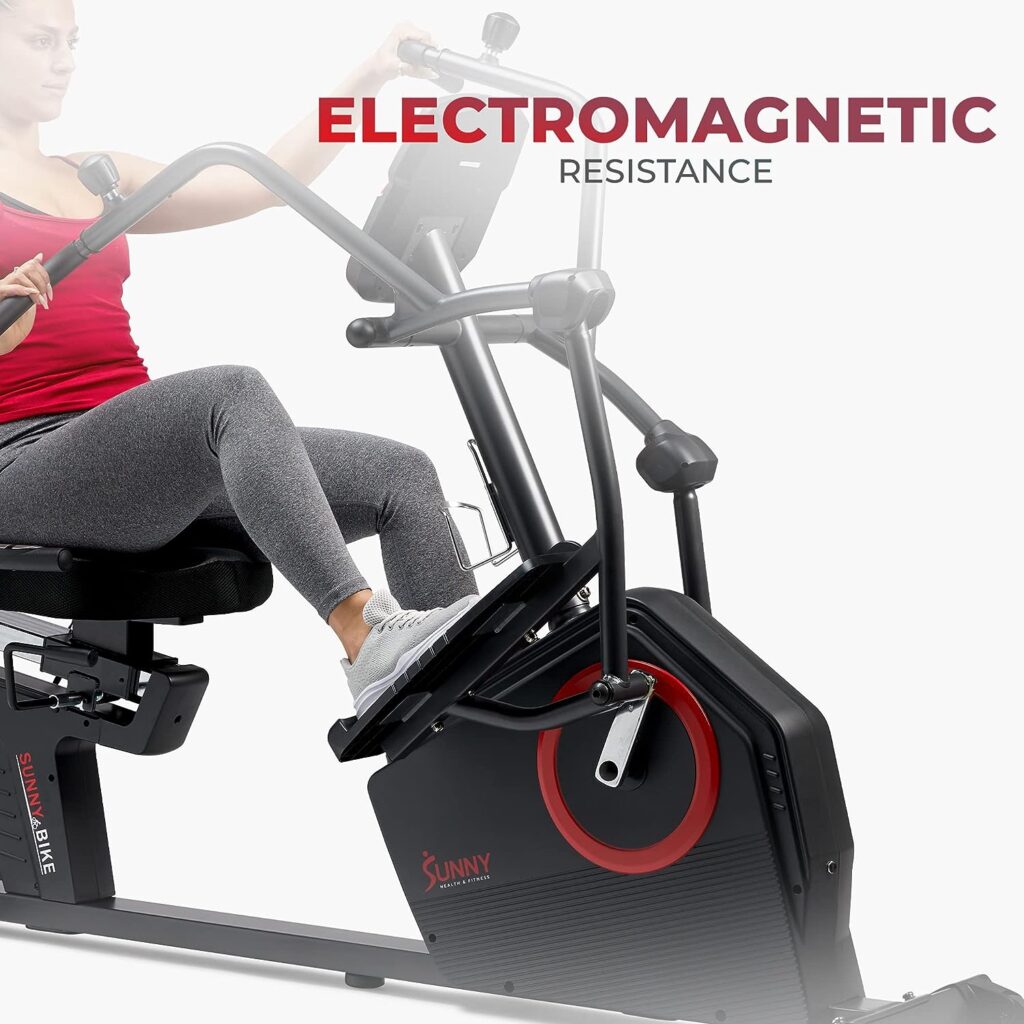 Sunny Health  Fitness Electromagnetic Recumbent Cross Trainer Exercise Elliptical Bike w/Arm Exercisers, Easy Access Seat  Exclusive SunnyFit® App Enhanced Bluetooth Connectivity - SF-RBE4886SMART